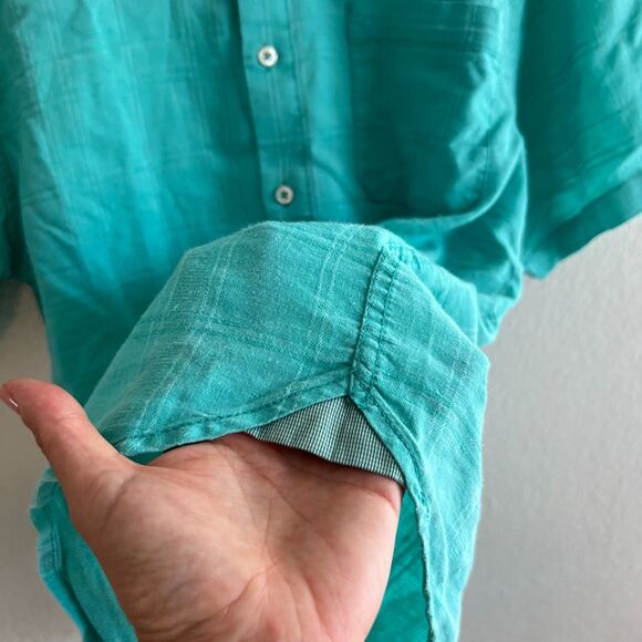 TOMMY BAHAMA Vintage Teal Green Linen Short Sleeve Button Down Shirt Mens Medium - Picture 5 of 7